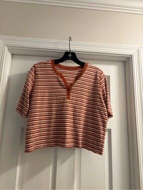 Striped Henley Crop Top in Rust and White